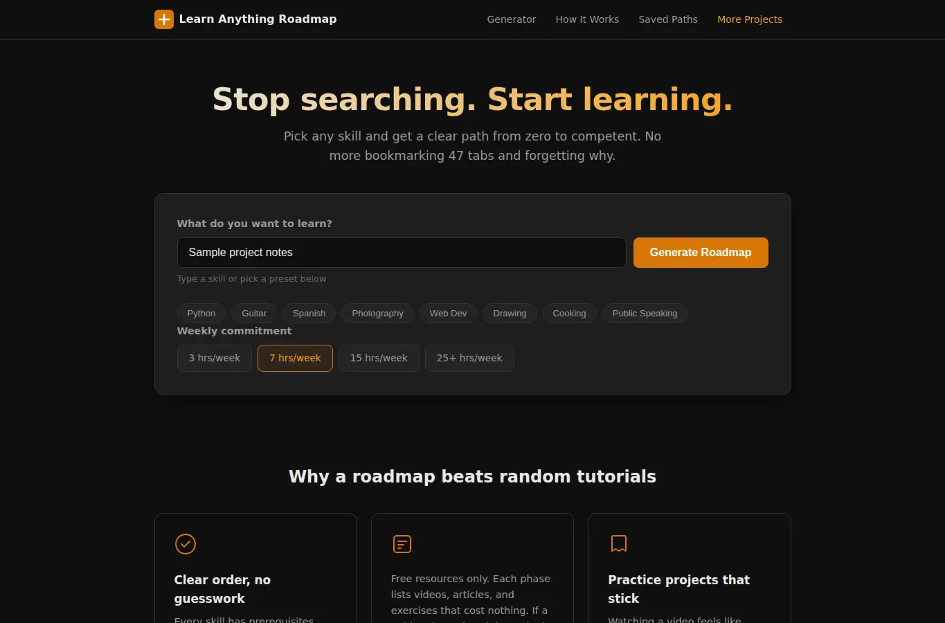 Screenshot of Learn Anything Roadmap interface showing the project page in use